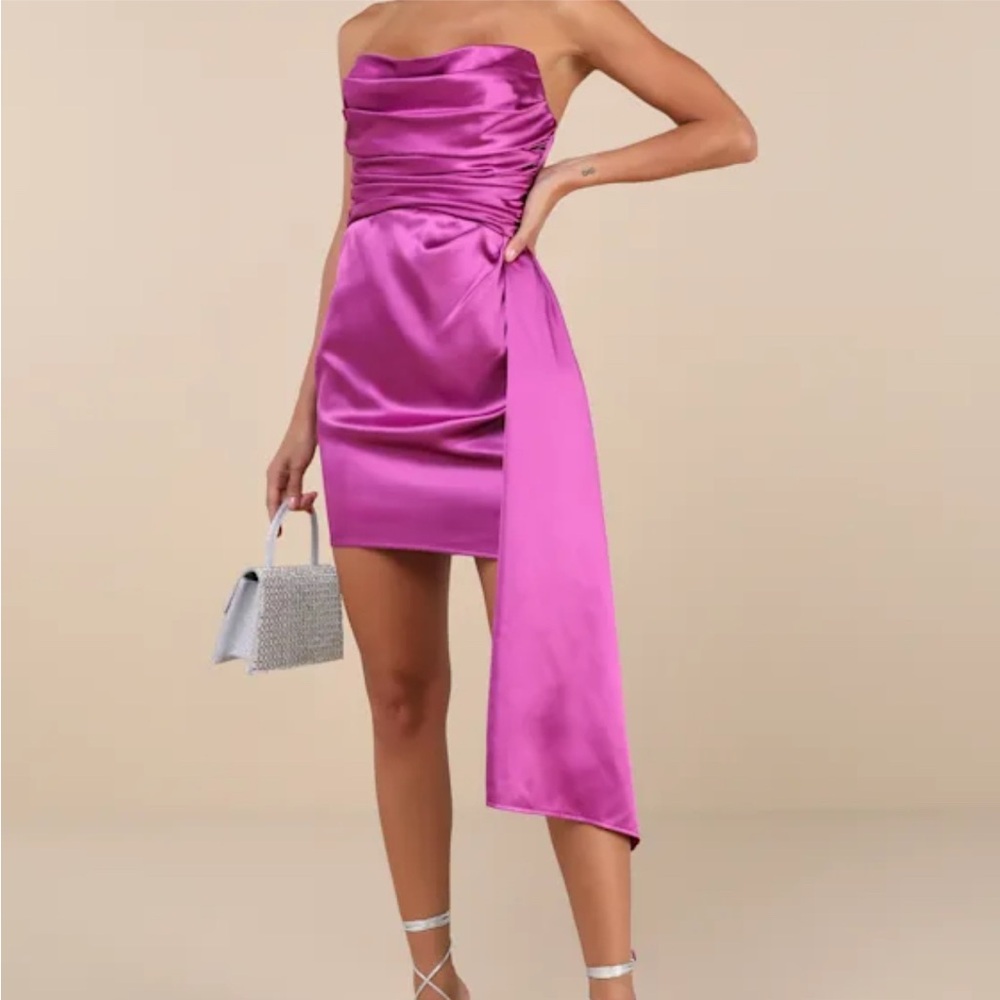 Ethereal Excellence Magenta Satin Pleated Strapless Mini Dress